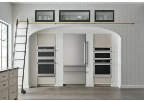 Monogram refrigerator built into dark modern cabinetry Monogram refrigerator built into dark modern cabinetry
